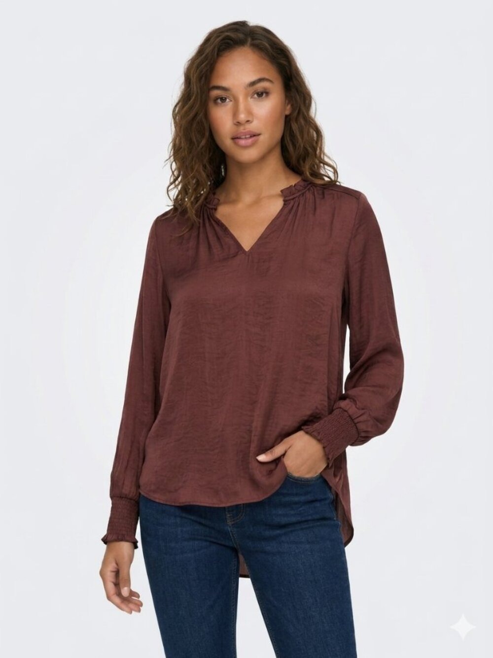 *Maison d'Amelie Rust Ruffle Neck Blouse Long Sleeve Hi Low Top M